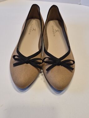 Danskin Tan Pointed Toe Ballet Flats with Black Trim & Bow